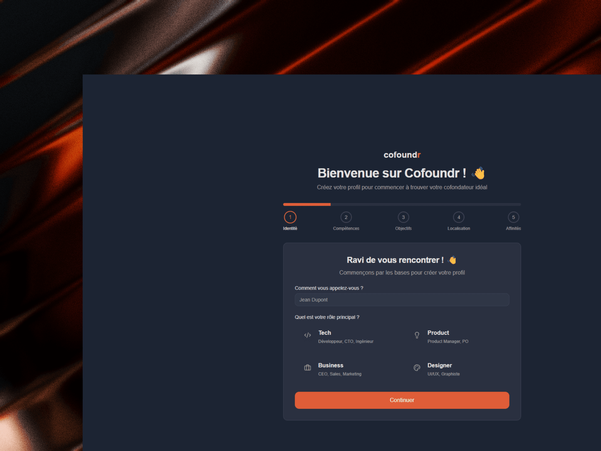 Interface d'onboarding Cofoundr